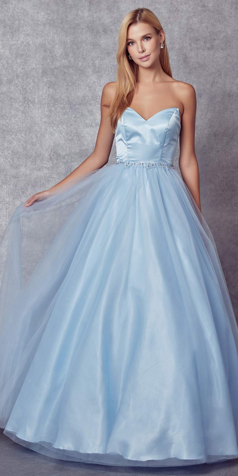 Juliet 265 Vestido de Gala Acampanado sin Tirantes con Cinturón de Cuentas