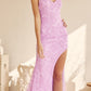Juliet 266 Embroidered Lace Fitted Evening Dress Side Slit