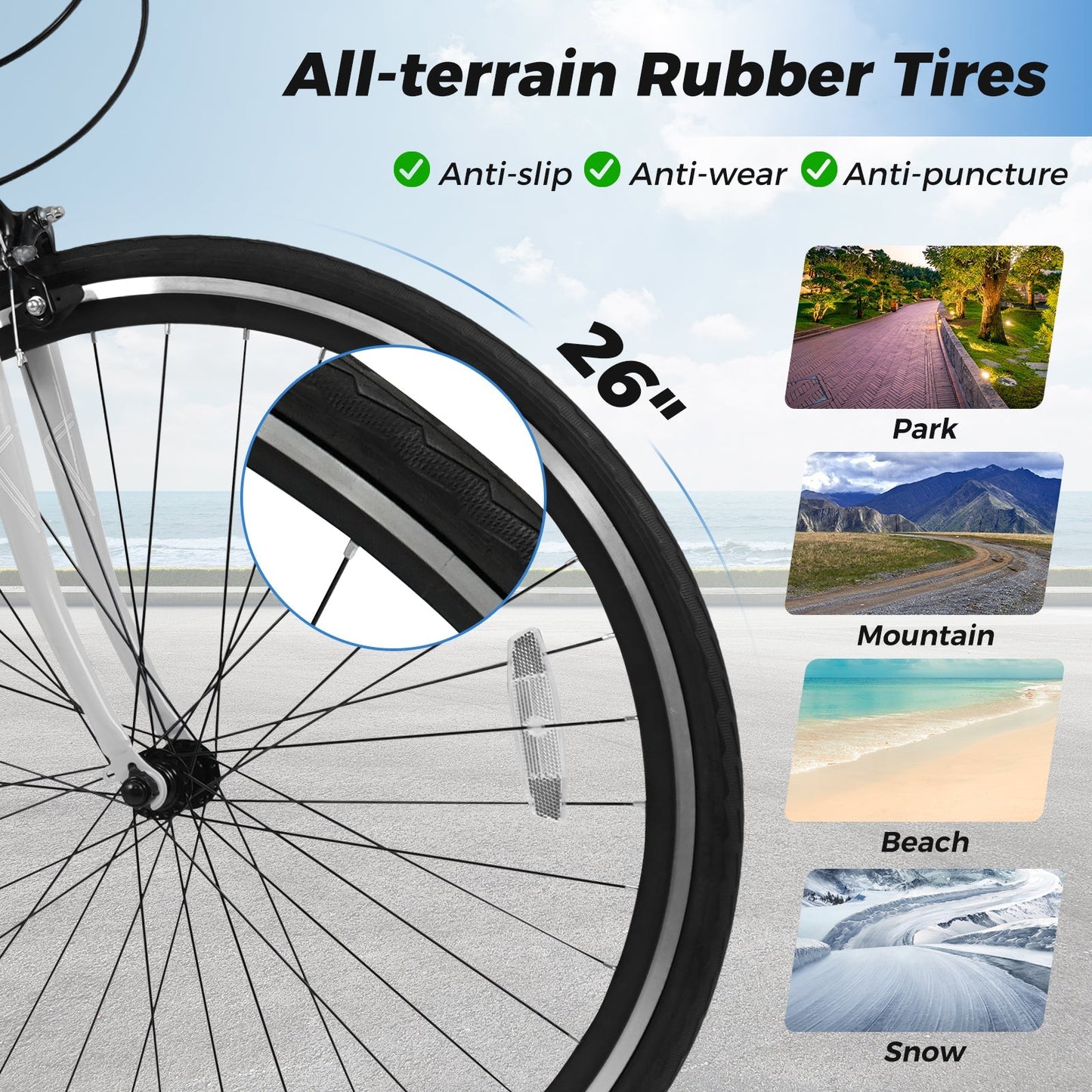 26 Inch Mountain Bike Adjustable with 6-Speed and All-terrain Rubber Wheels