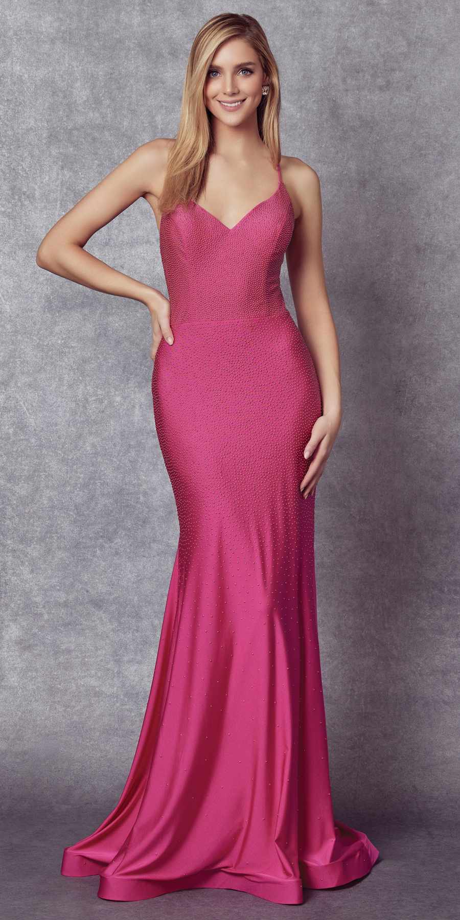Vestido largo de sirena acentuado con pedrería Juliet 276