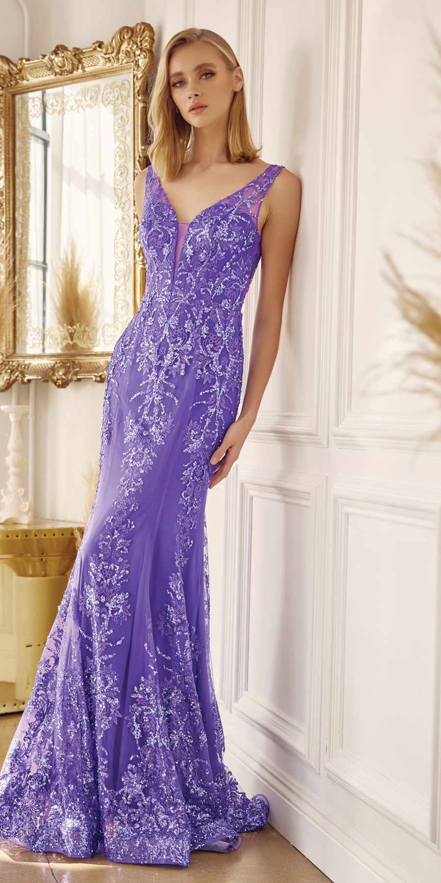 Vestido de sirena Juliet 277 de tul con diseño de brillantina elegante