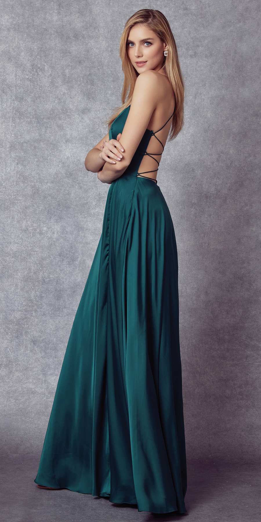 Julieta 278 – Vestido de gala formal de satén con corte A y bolsillos laterales
