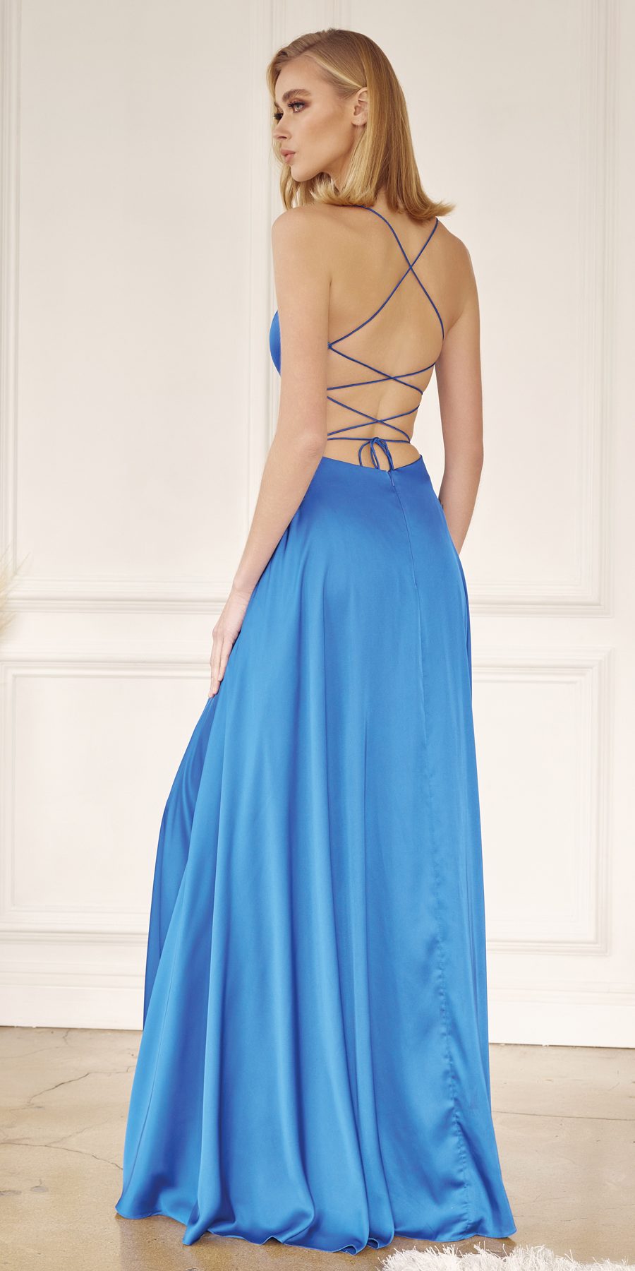 Julieta 278 – Vestido de gala formal de satén con corte A y bolsillos laterales