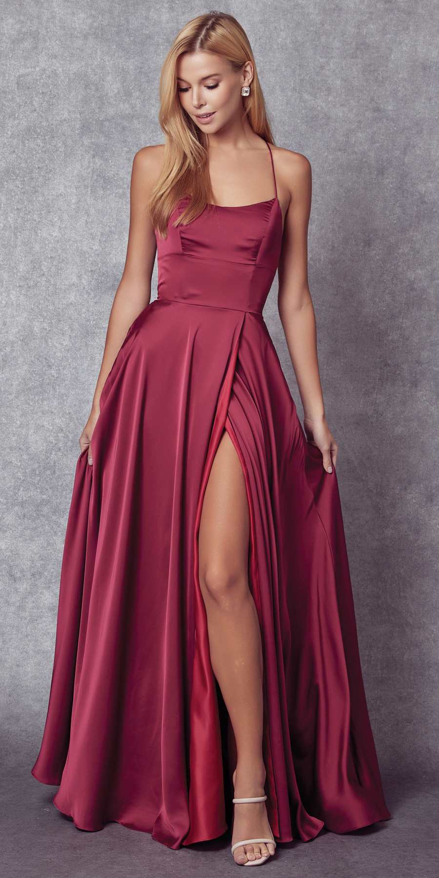Julieta 278 – Vestido de gala formal de satén con corte A y bolsillos laterales