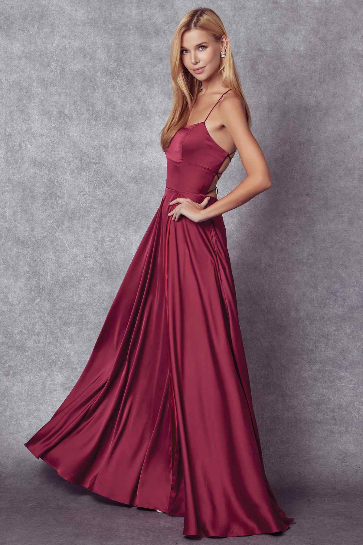 Julieta 278 – Vestido de gala formal de satén con corte A y bolsillos laterales