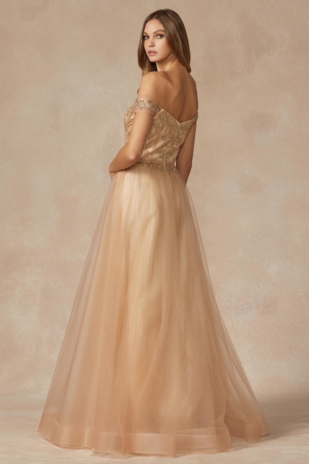 Vestido de fiesta Juliet 287 con top de cuentas sin hombros y falda en A