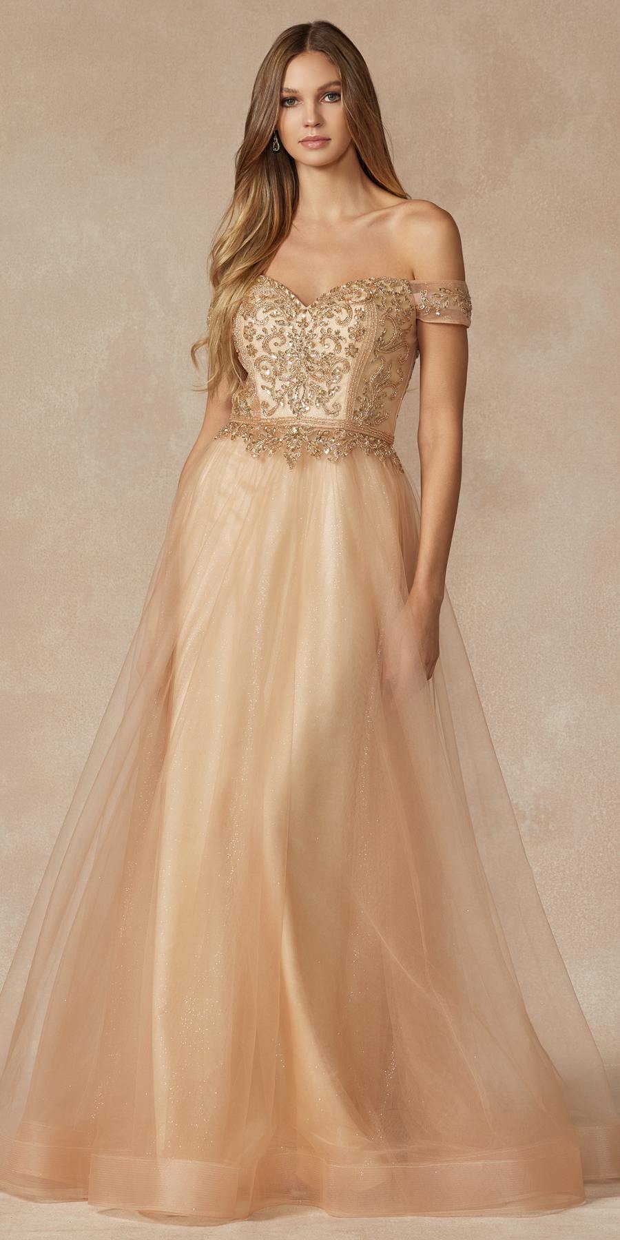 Vestido de fiesta Juliet 287 con top de cuentas sin hombros y falda en A