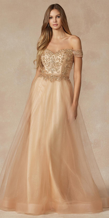 Vestido de fiesta Juliet 287 con top de cuentas sin hombros y falda en A