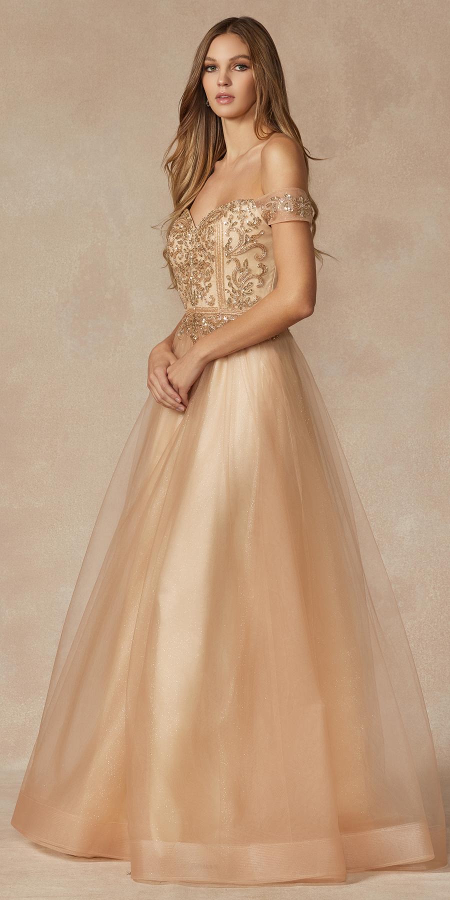 Vestido de fiesta Juliet 287 con top de cuentas sin hombros y falda en A