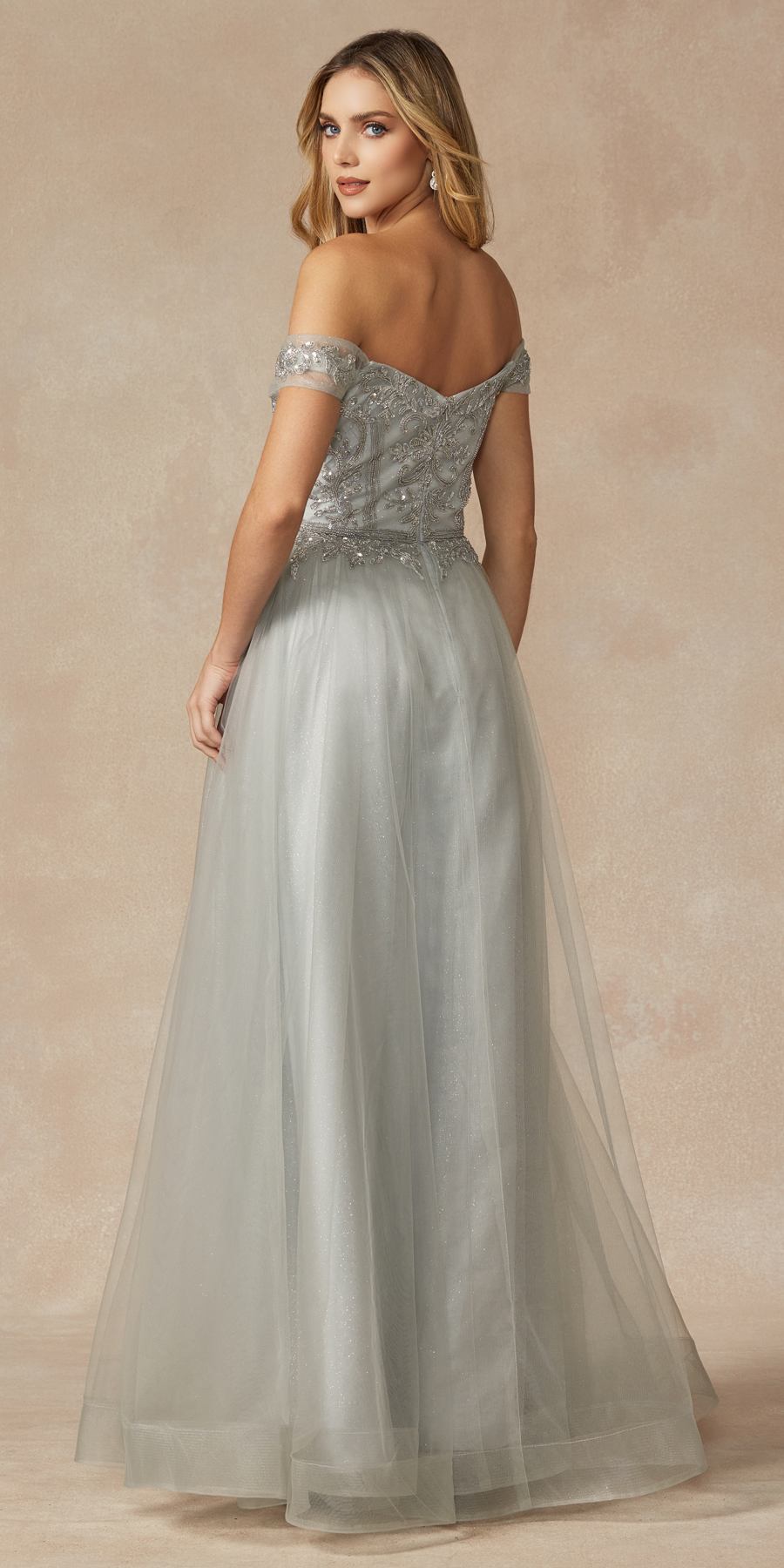Vestido de fiesta Juliet 287 con top de cuentas sin hombros y falda en A