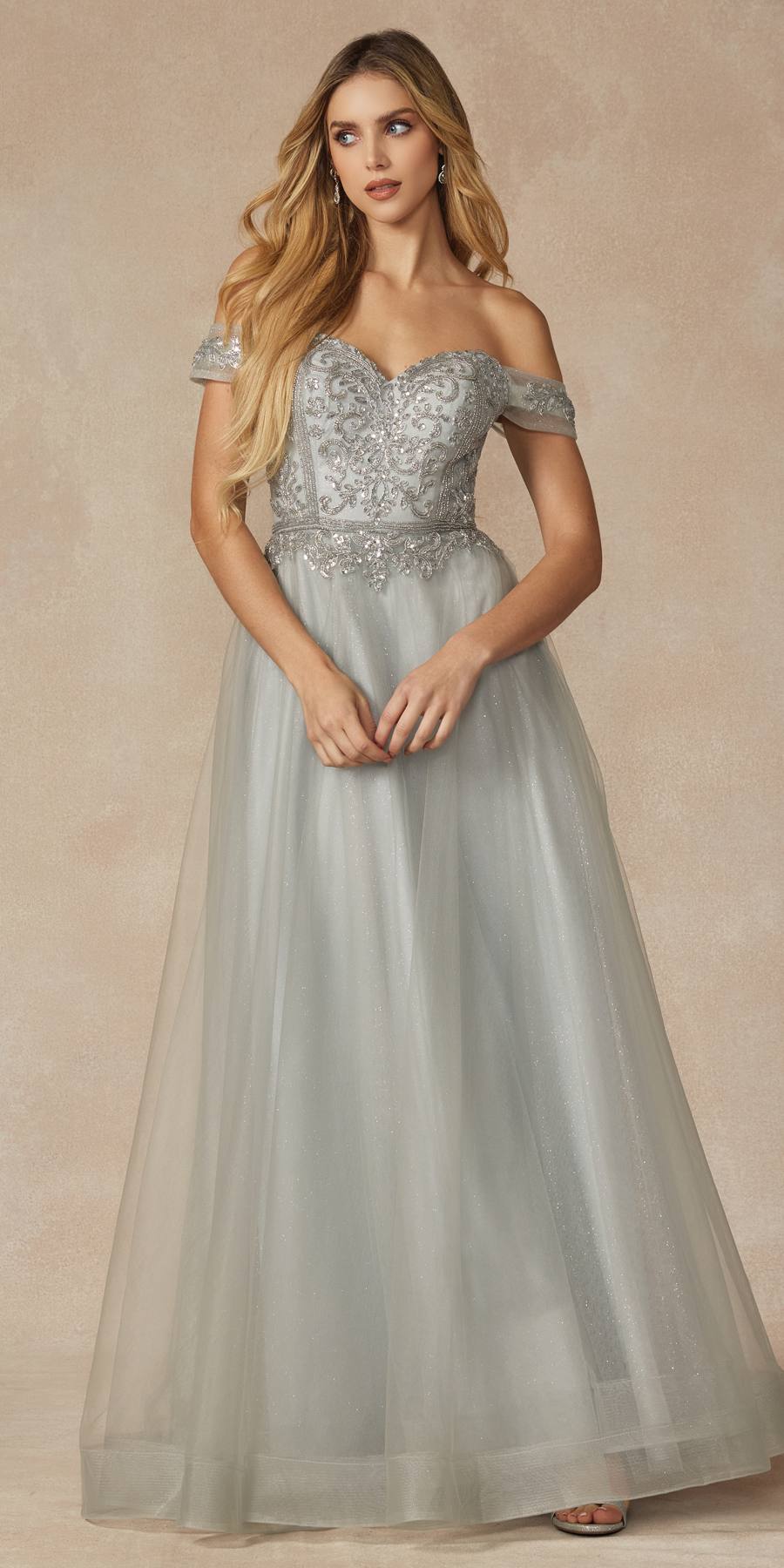 Vestido de fiesta Juliet 287 con top de cuentas sin hombros y falda en A