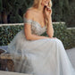 Vestido de fiesta Juliet 287 con top de cuentas sin hombros y falda en A