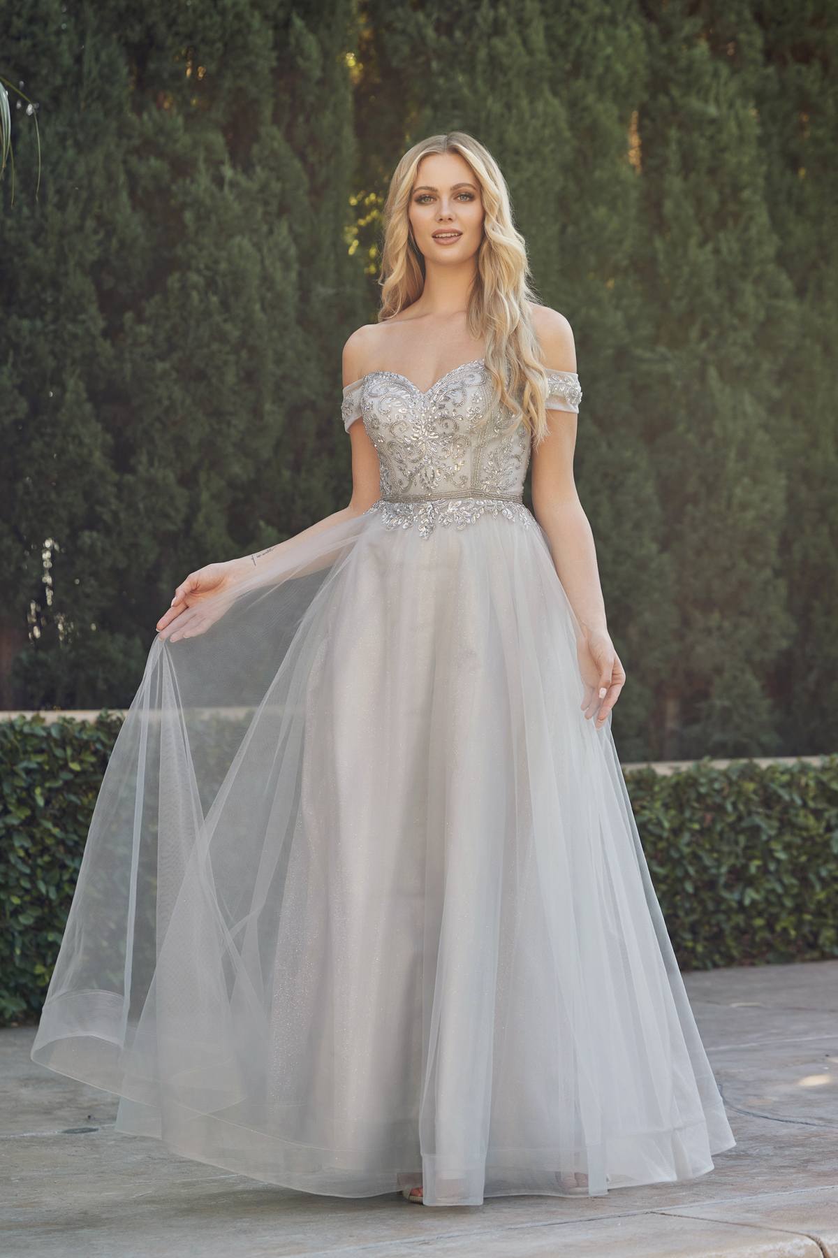 Vestido de fiesta Juliet 287 con top de cuentas sin hombros y falda en A