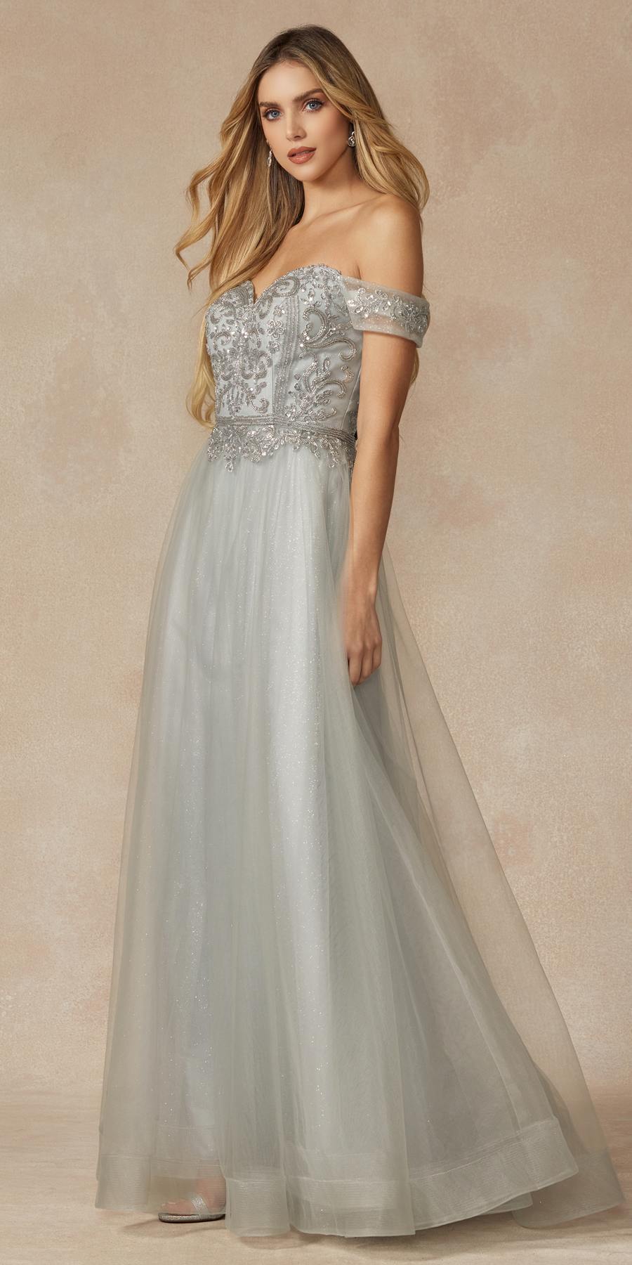 Vestido de fiesta Juliet 287 con top de cuentas sin hombros y falda en A