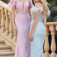 Juliet 288 Long Off the Shoulder Feather Strap Fitted Glitter Print Gown