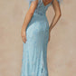 Juliet 288 Long Off the Shoulder Feather Strap Fitted Glitter Print Gown