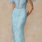Juliet 288 Long Off the Shoulder Feather Strap Fitted Glitter Print Gown
