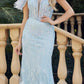 Juliet 288 Long Off the Shoulder Feather Strap Fitted Glitter Print Gown