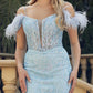 Juliet 288 Long Off the Shoulder Feather Strap Fitted Glitter Print Gown