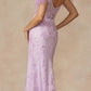 Juliet 288 Long Off the Shoulder Feather Strap Fitted Glitter Print Gown