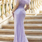 Juliet 292 Long Feather Neckline Off the Shoulder High Slit Prom Gown