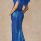 Juliet 292 Long Feather Neckline Off the Shoulder High Slit Prom Gown