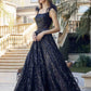 Juliet 297 Floor Length Feathered Cap Sleeve Patterned Sequin A-Line Gown