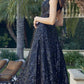 Juliet 297 Floor Length Feathered Cap Sleeve Patterned Sequin A-Line Gown