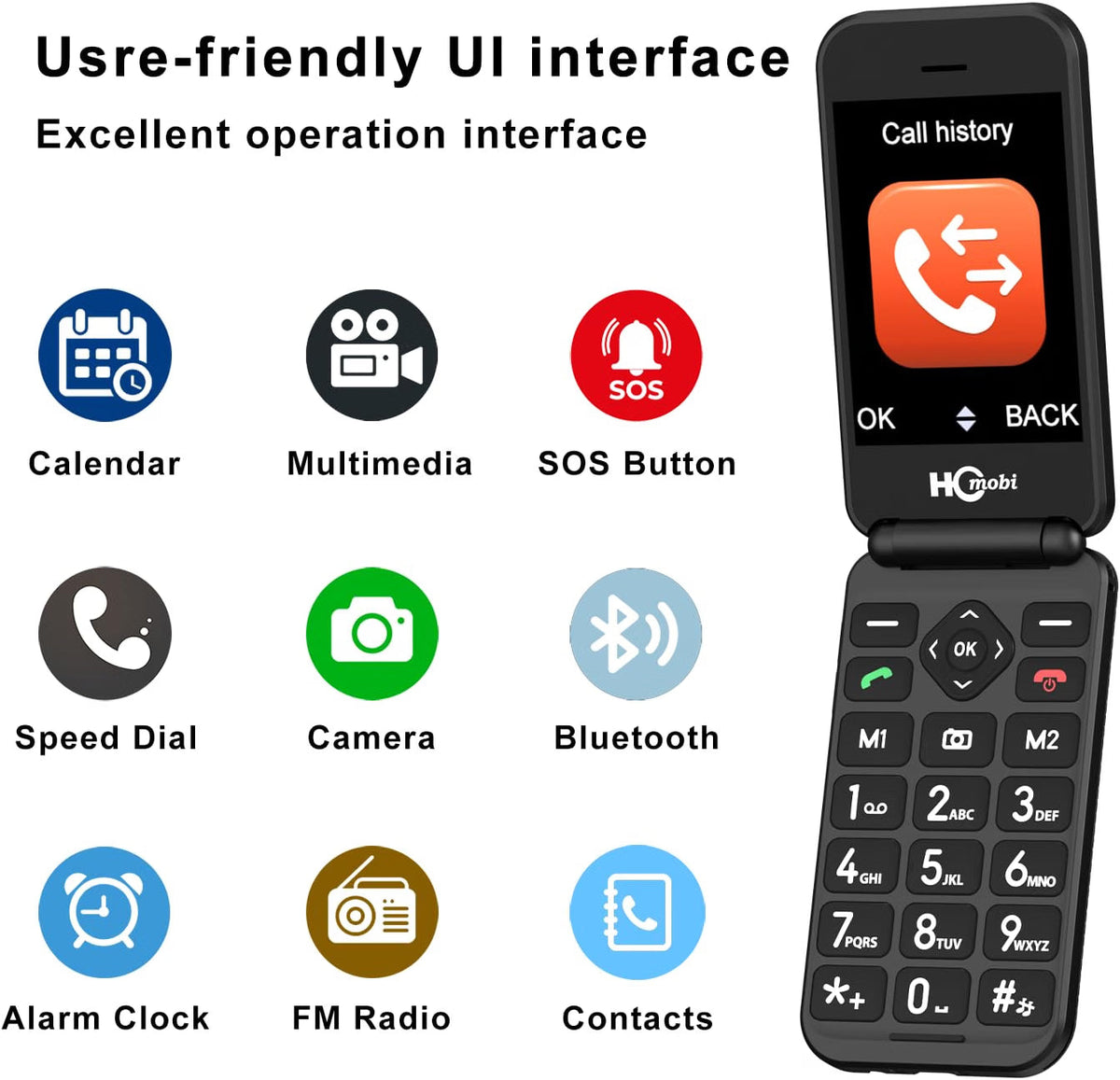 Teléfono plegable 4G desbloqueado para personas mayores, teléfono plegable básico, teléfono móvil para personas mayores, pantalla de 2.8" +1.5", botón SOS, marcación rápida, botones grandes, Bluetooth, cámara, radio FM, batería de 1400 mAh (negro mate).
