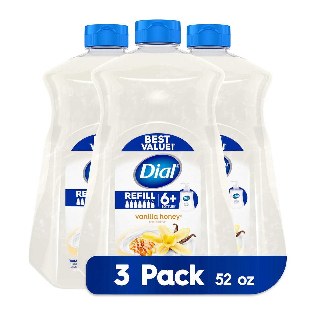 Dial Jabón Líquido para Manos Vainilla Miel, repuesto, 1.5 L (Paquete de 3)