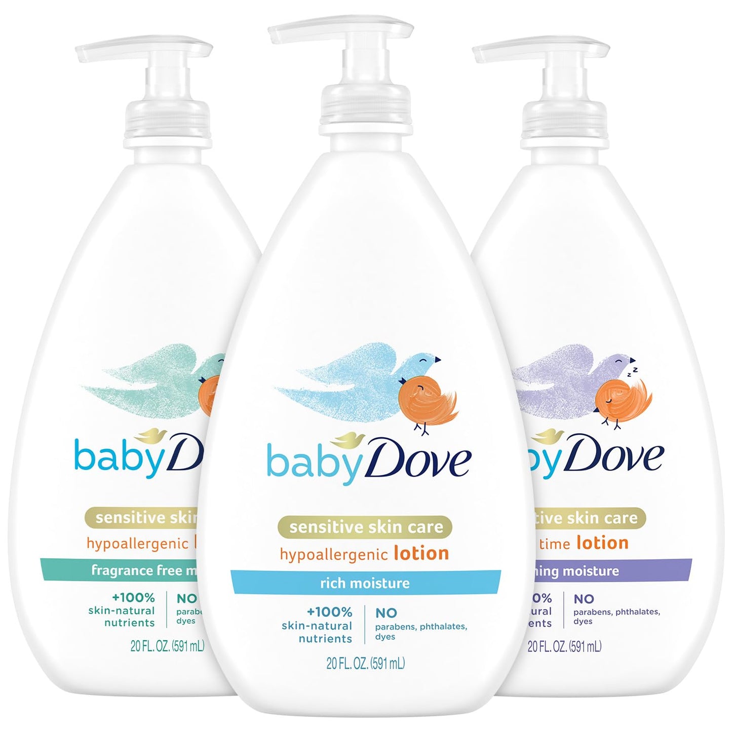 Dove Baby Loción Paquete – Cuidado para Piel Sensible Hipoalergénica Loción Nutritiva e Hidratante para Bebés para Recién Nacidos Humedad Enriquecida, Humedad Calmante y Humedad Sin Fragancia 20 oz (Set de 3 Piezas)