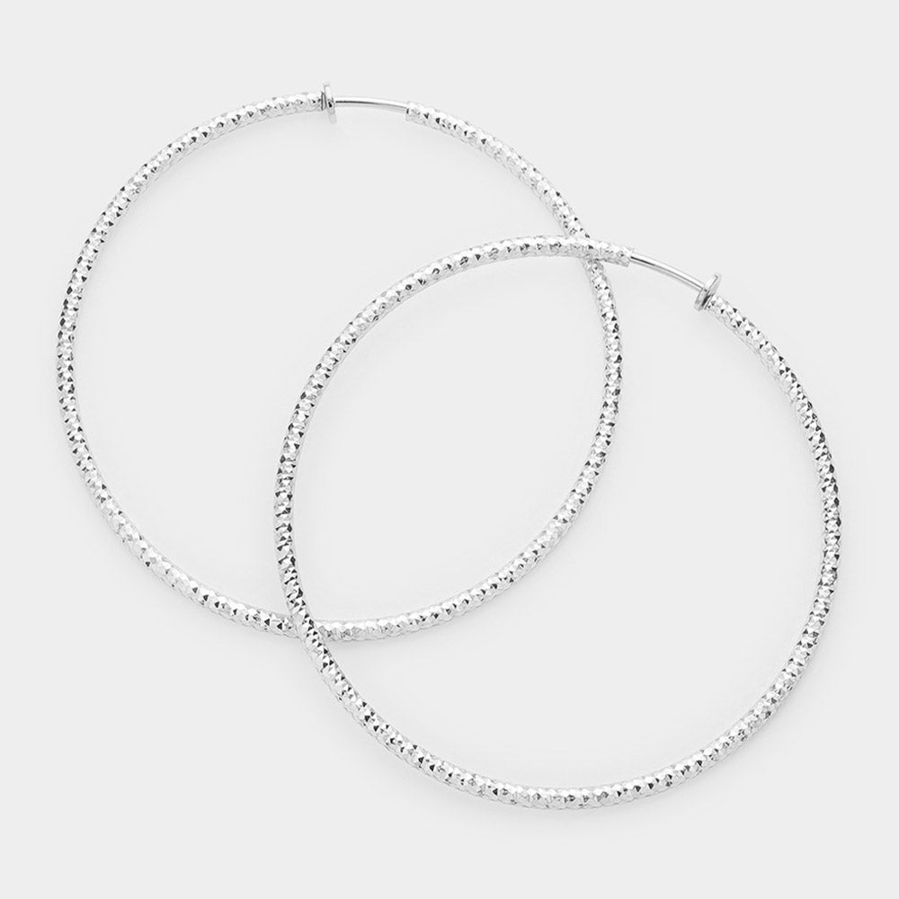 Women's 3.2" Textured Metal Hoop Clip on Earrings