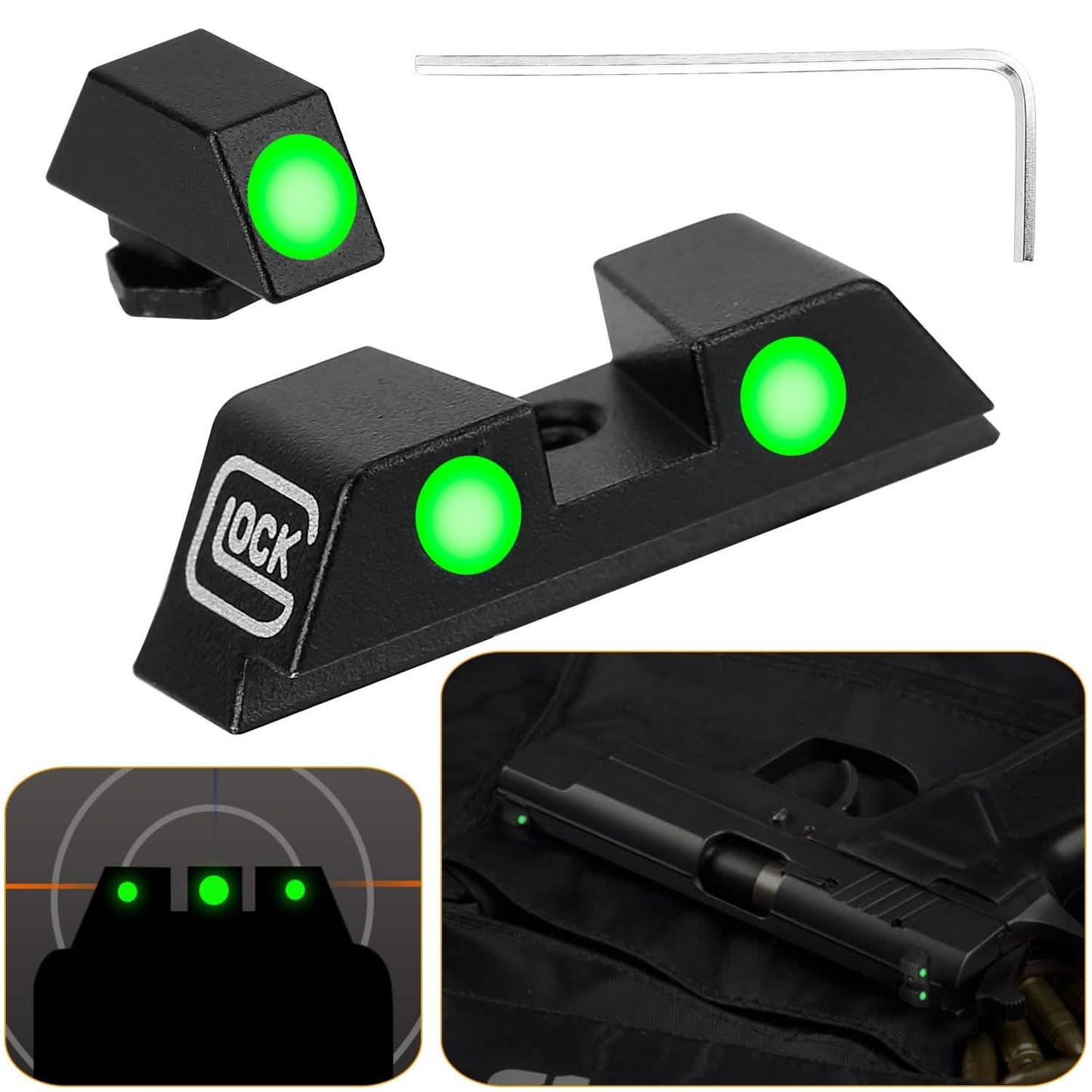 Juego de miras nocturnas de tres puntos verdes para pistola