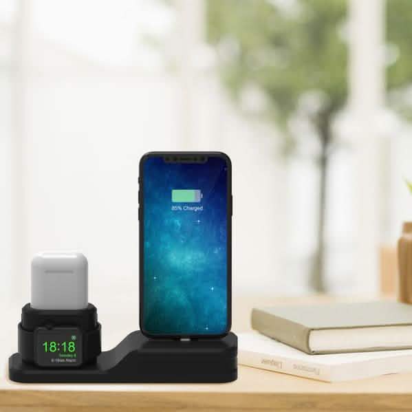 Base de carga de silicona 3 en 1 para Apple Watch, AirPods y iPhone + 2 cables Lightning