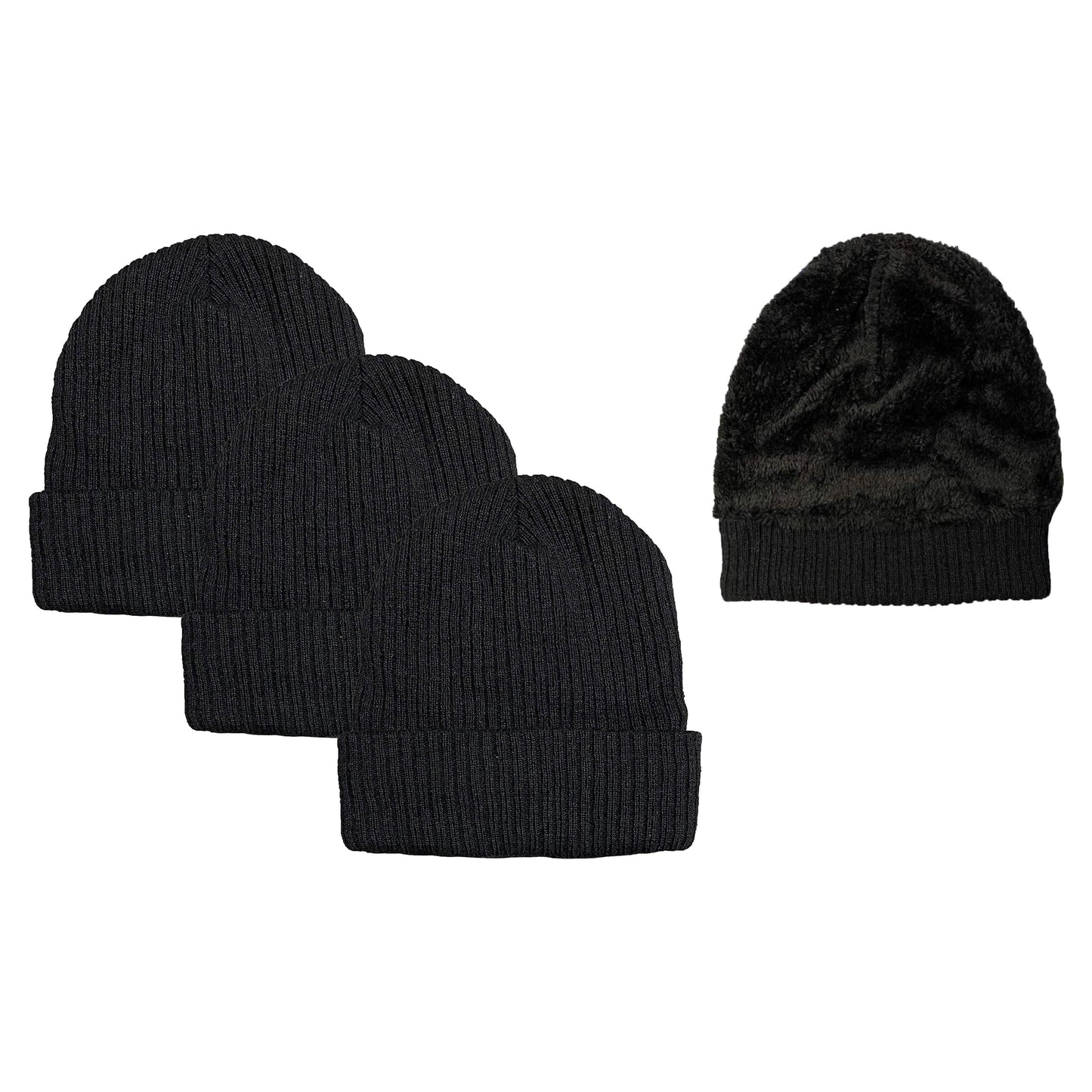 Paquete de 3: Gorro Beanie Acanalado Unisex Negro con Forro Polar Sherpa