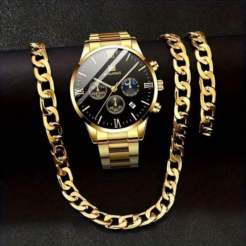 Juego de 3 piezas: Elegante reloj de cuarzo para hombre más pulsera y collar