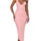 BEAGIMEG Vestido largo de noche de fiesta de cóctel elegante con cuello en V profundo sin mangas fruncido sexy para mujer, rosa