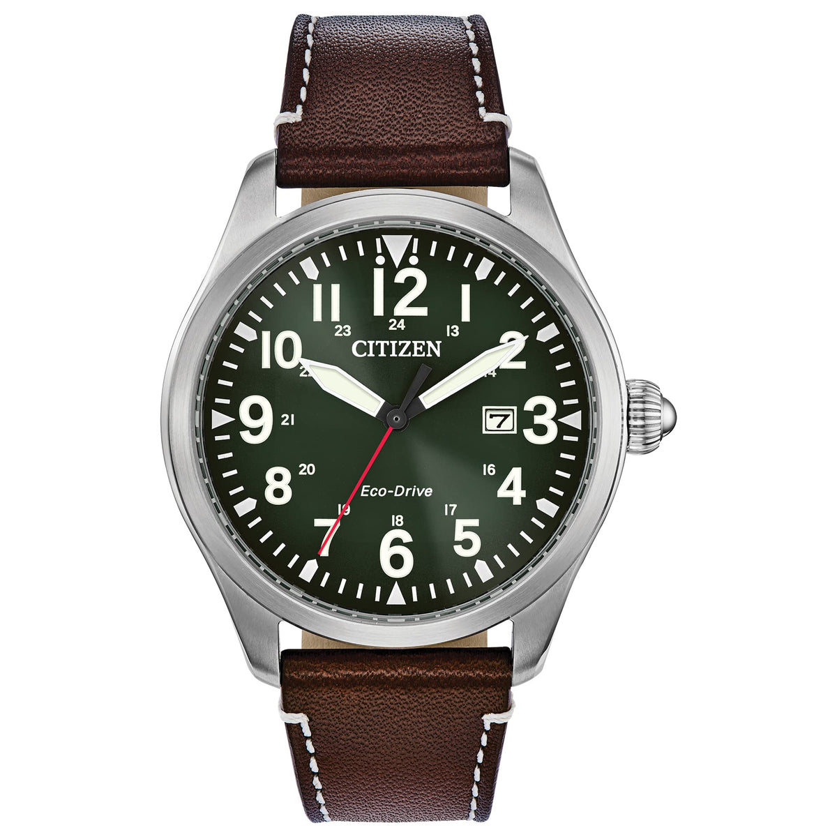 Reloj de hombre Citizen Eco-Drive Weekender Garrison de campo de acero inoxidable con correa de piel marrón y esfera verde (Modelo: BM6838-09X)