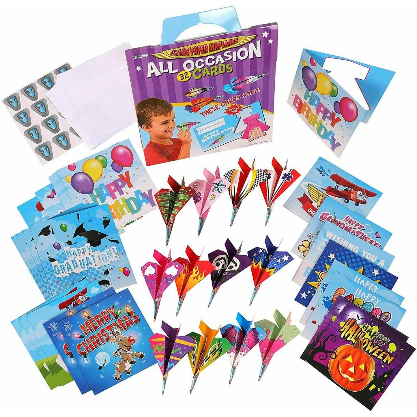 32 tarjetas de felicitación para toda ocasión con aviones de papel plegables, sobres y pegatinas