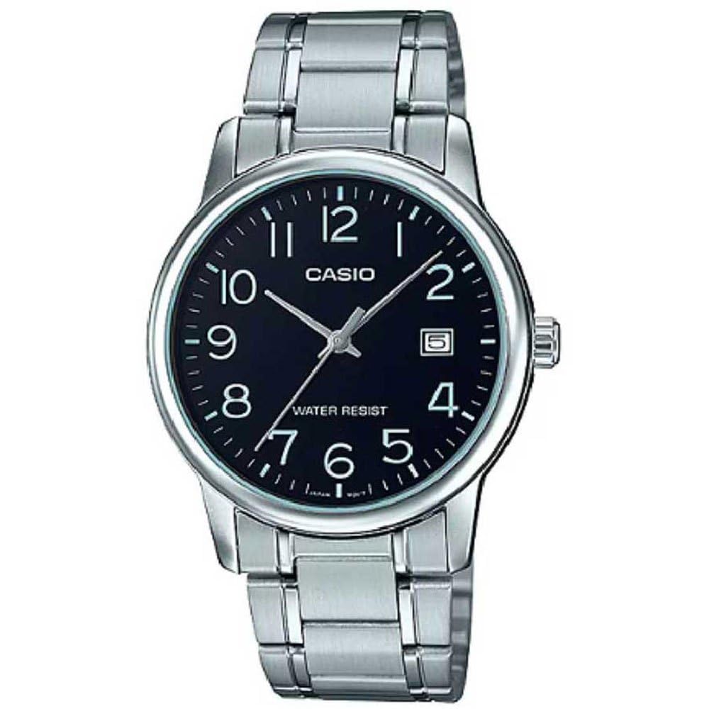 Casio #MTP-V002D-1B Reloj analógico estándar de acero inoxidable para hombre con fecha y esfera negra