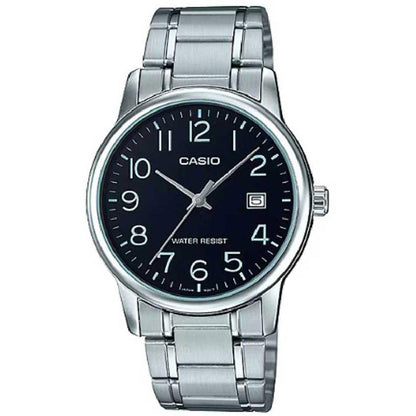 Casio #MTP-V002D-1B Reloj analógico estándar de acero inoxidable para hombre con fecha y esfera negra