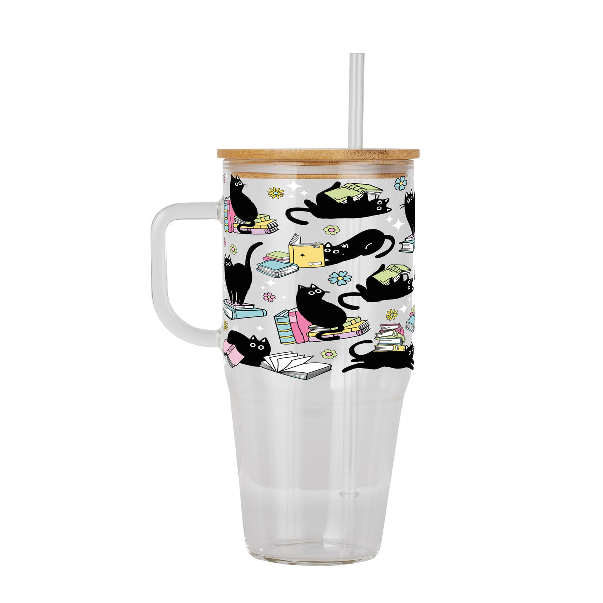 Black Cats on Books Glass Cups