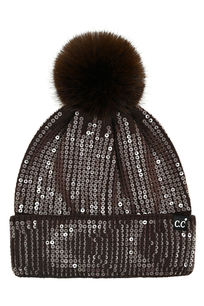 C.C Women's All Over Clear Sequin Pom Beanie