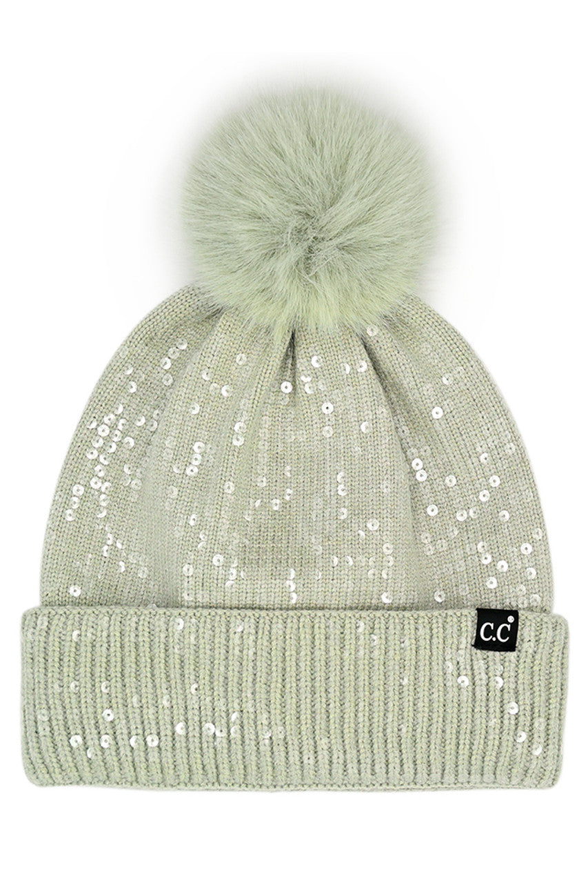 C.C Women's All Over Clear Sequin Pom Beanie