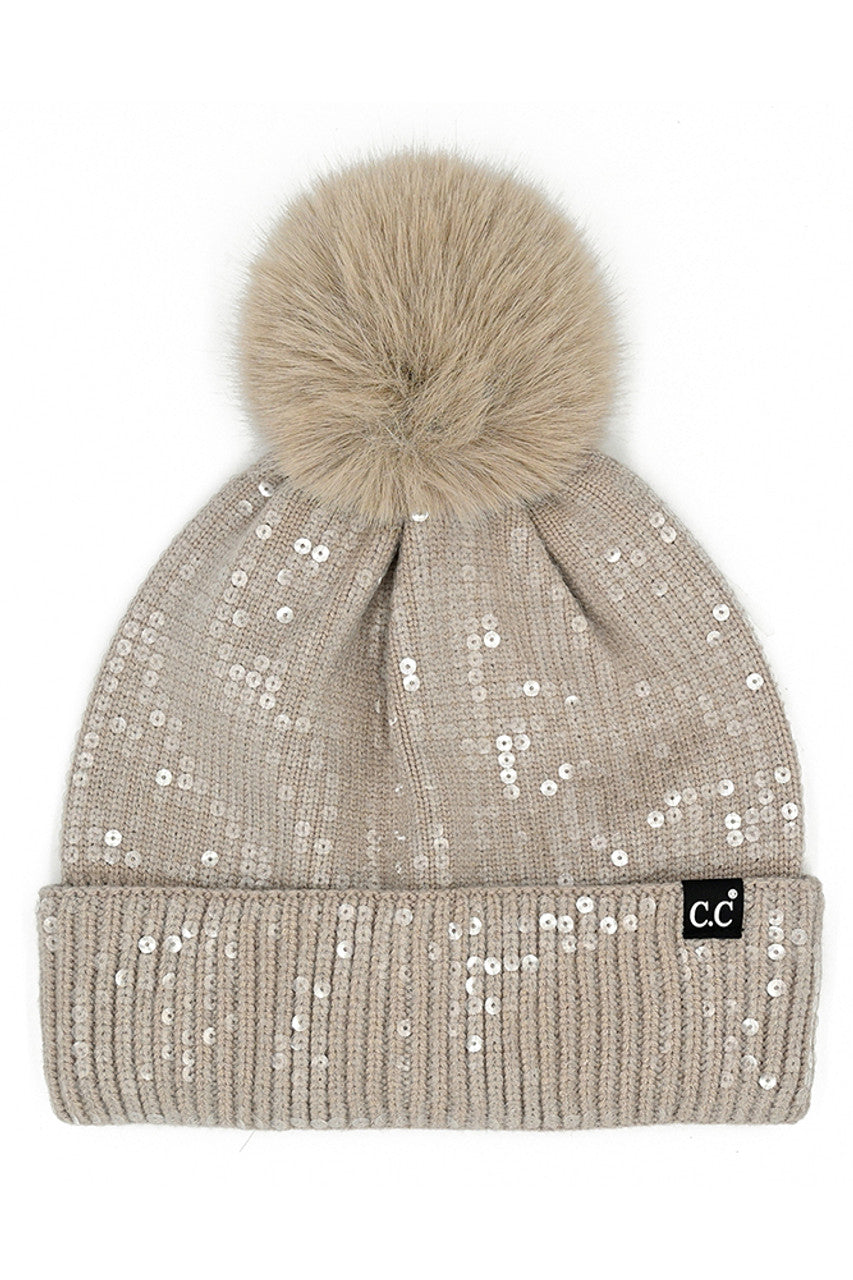C.C Women's All Over Clear Sequin Pom Beanie