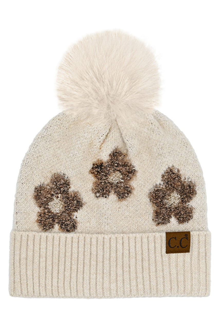 C.C Daisy Pattern Beanie with Pom