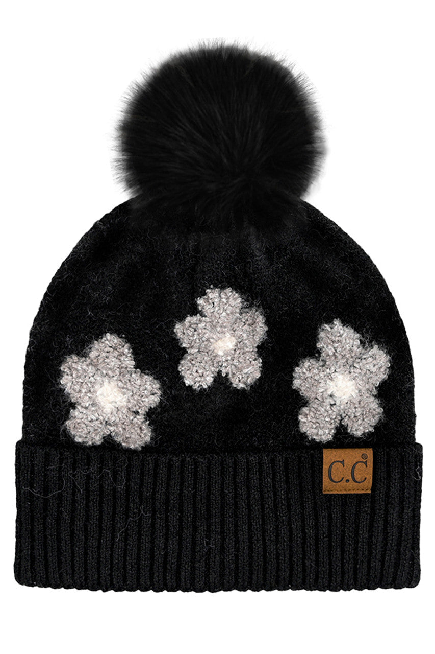 C.C Daisy Pattern Beanie with Pom