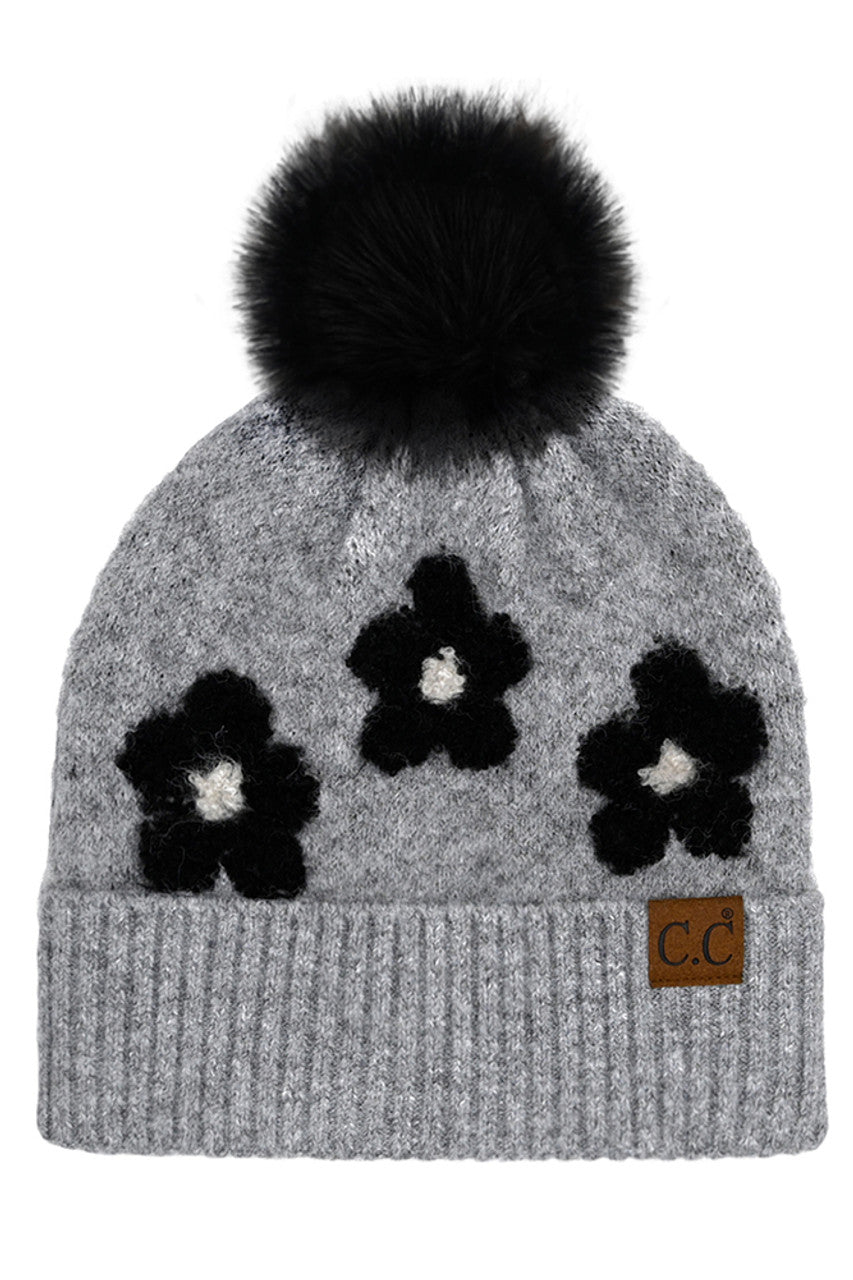 C.C Daisy Pattern Beanie with Pom