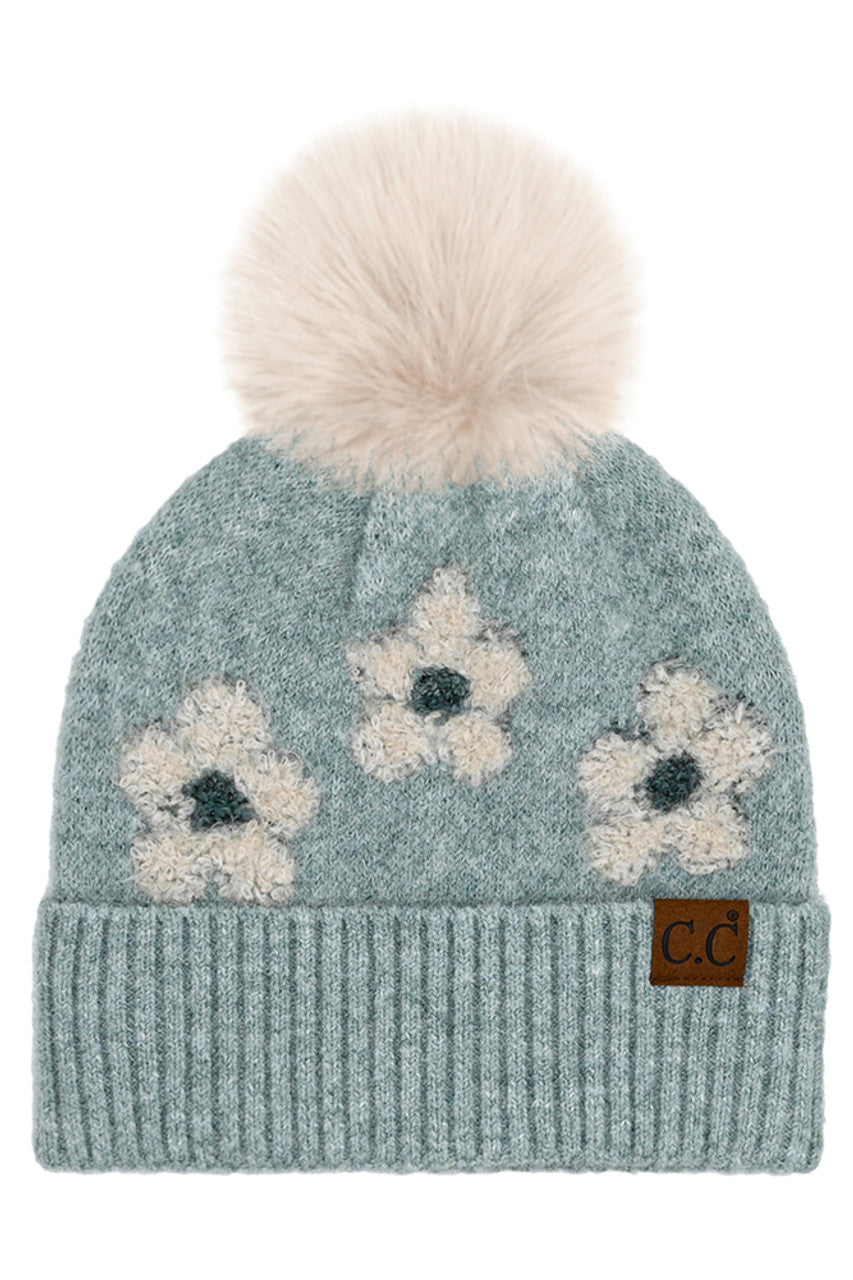 C.C Daisy Pattern Beanie with Pom