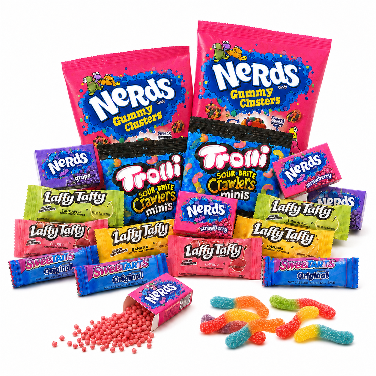 Surtido de dulces agridulces – Nerds, Nerds Gummy Clusters, Laffy Taffy, Sweetarts y Trolli Sour Bite